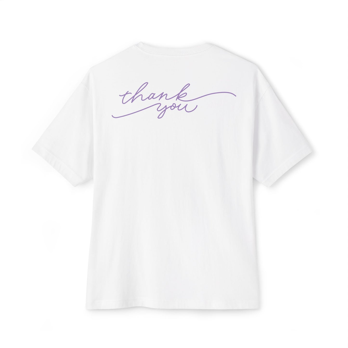White t-shirt with 'thank you' in purple on a white background