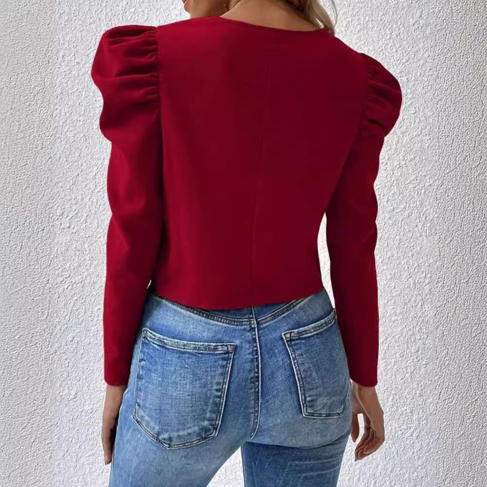 Round Neck Cardigan Zipper Bubble Long Sleeve Coat Women's Clothing