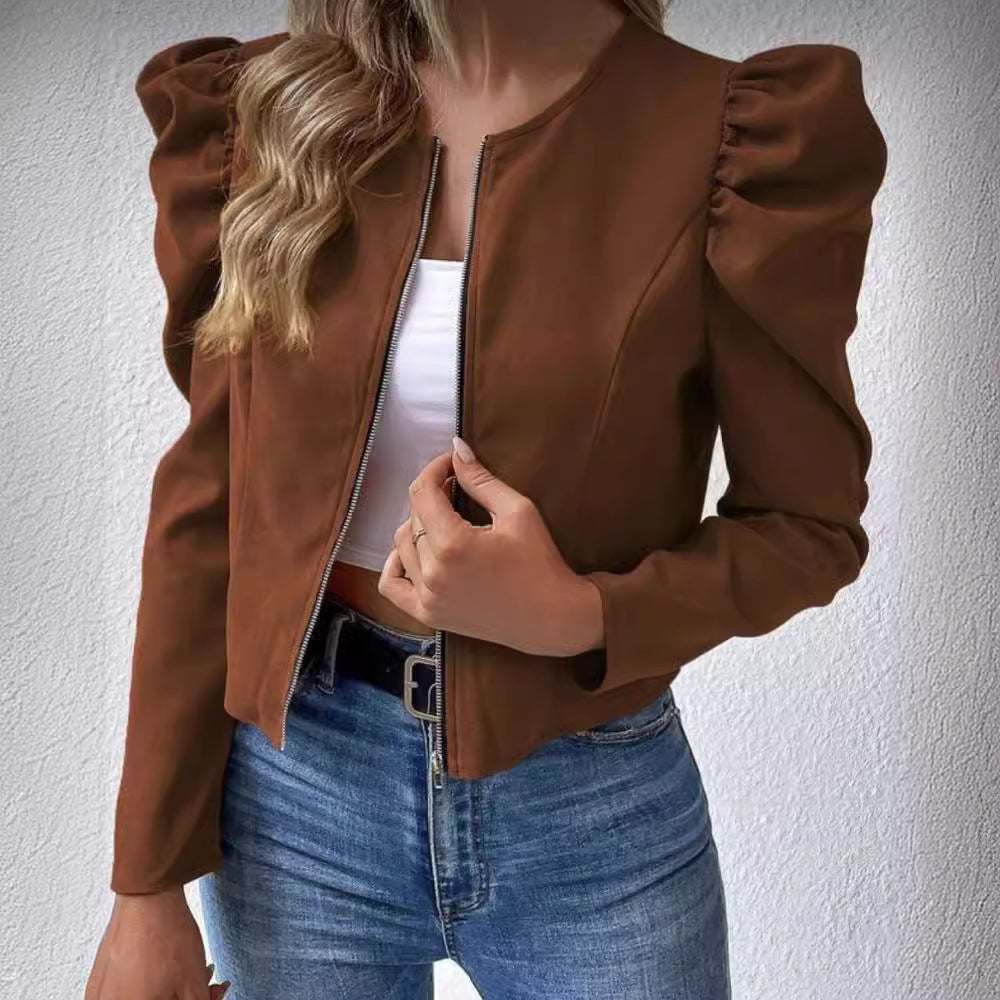 Round Neck Cardigan Zipper Bubble Long Sleeve Coat Women's Clothing