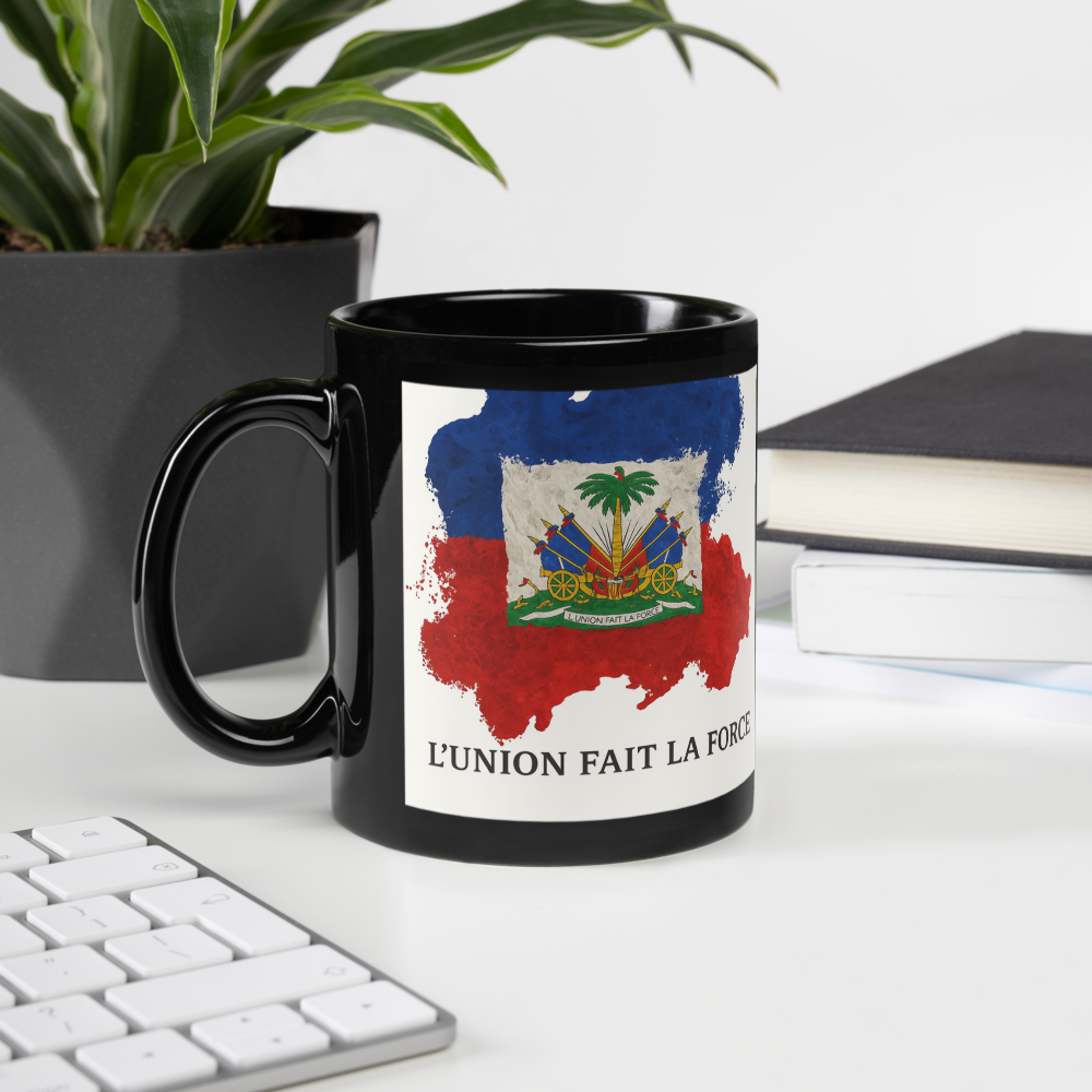 L'Union Fait La Force Ceramic Coffee Mug Black Glossy 15 oz Non-BPA Free Dishwasher & Microwave Safe Drinkware Reusable Sturdy Cup