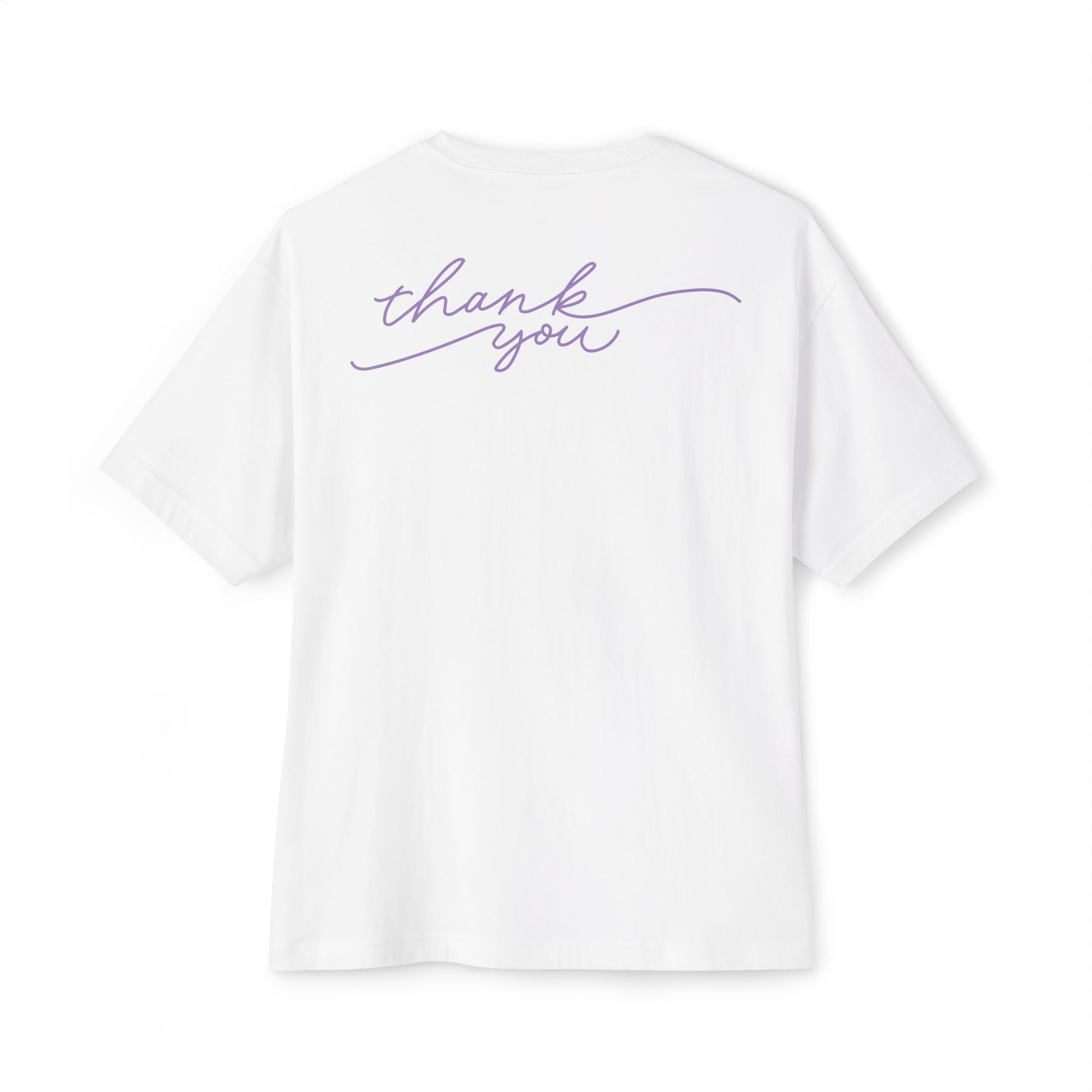 White t-shirt with 'thank you' in purple on a white background