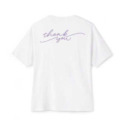 White t-shirt with 'thank you' in purple on a white background