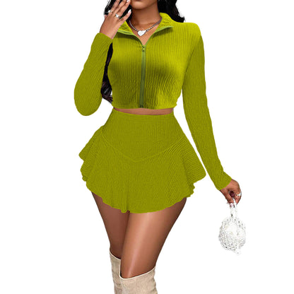 Zipper Short Top Ruffled Pantskirt Skirt Suit