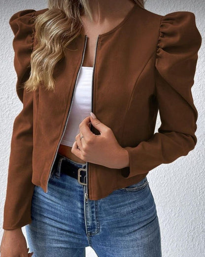 Round Neck Cardigan Zipper Bubble Long Sleeve Coat Women's Clothing