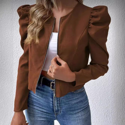 Round Neck Cardigan Zipper Bubble Long Sleeve Coat Women's Clothing