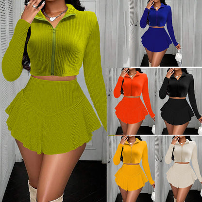 Zipper Short Top Ruffled Pantskirt Skirt Suit