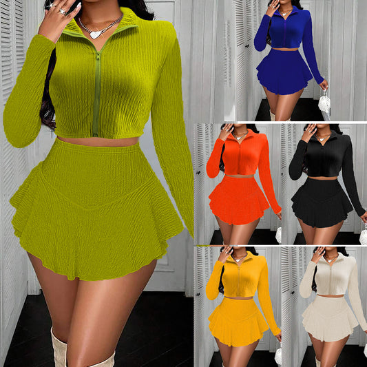 Zipper Short Top Ruffled Pantskirt Skirt Suit